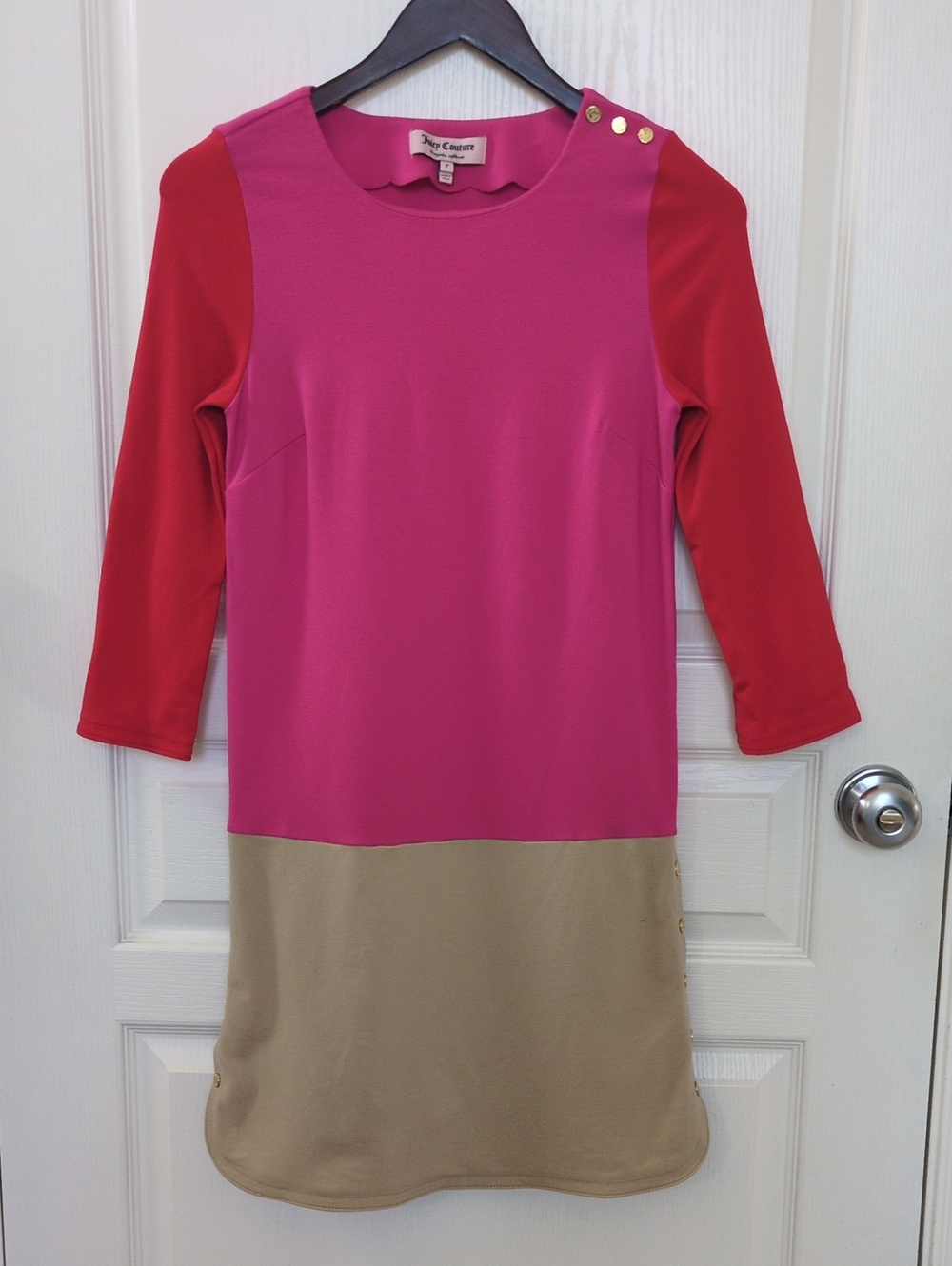 Juicy Couture Pink & Red Colorblock Casual Dress with Tan Hem